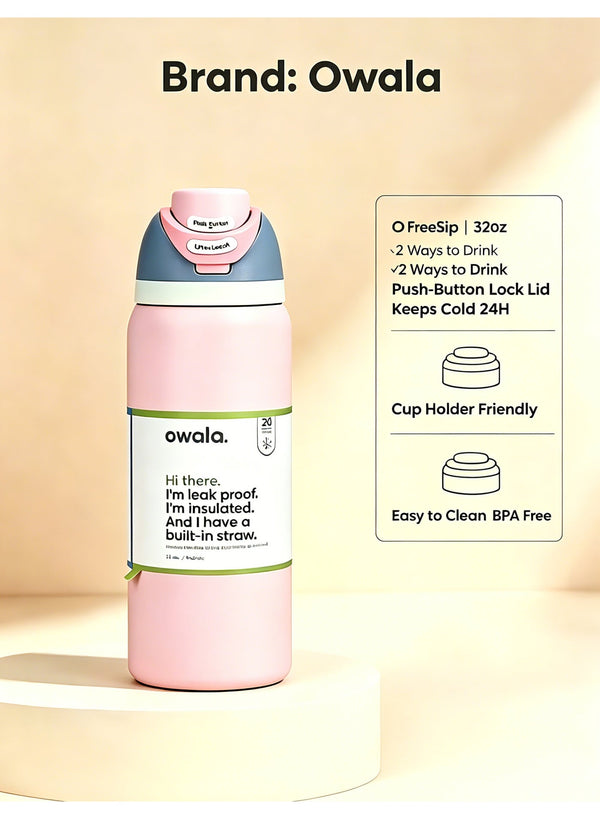 Owala FreeSip 32oz pink - brand features infographic