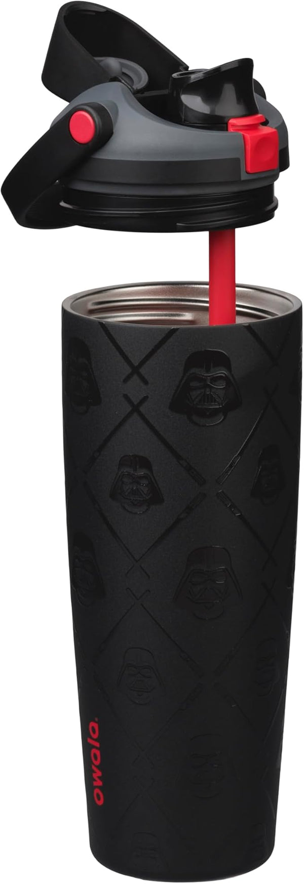 Owala FreeSip Darth Vader Edition - full bottle front view with red straw extended