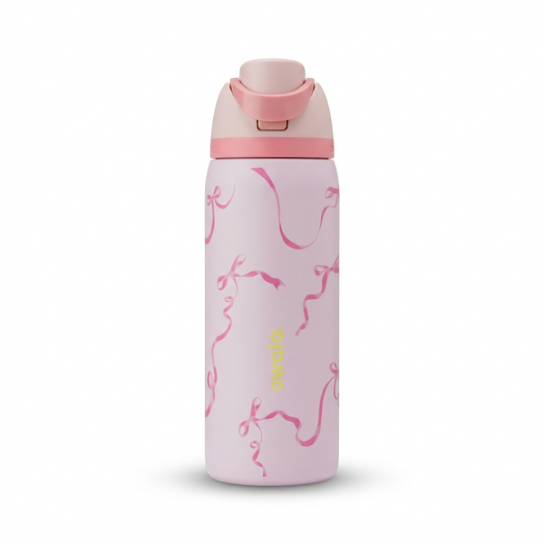 Pink water bottle with pink lid on a white background
