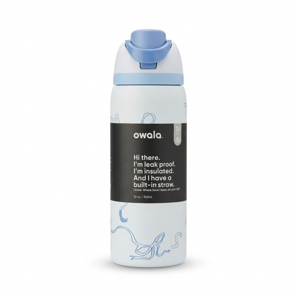 White water bottle with blue lid and text on a white background