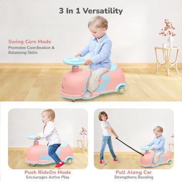 R for Rabbit 3-in-1 Swing Car for Kids - Pink Blue | Swing, Push & Pull Along Ride On