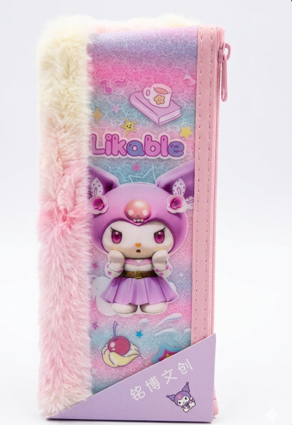 Kuromi Fluffy Glitter Pencil Pouch – Kawaii Plush Stationery Bag