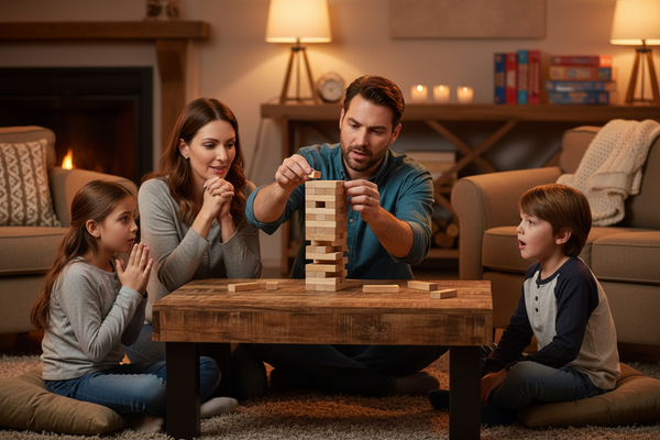 Family playing Simarr Stackeez wooden tower game