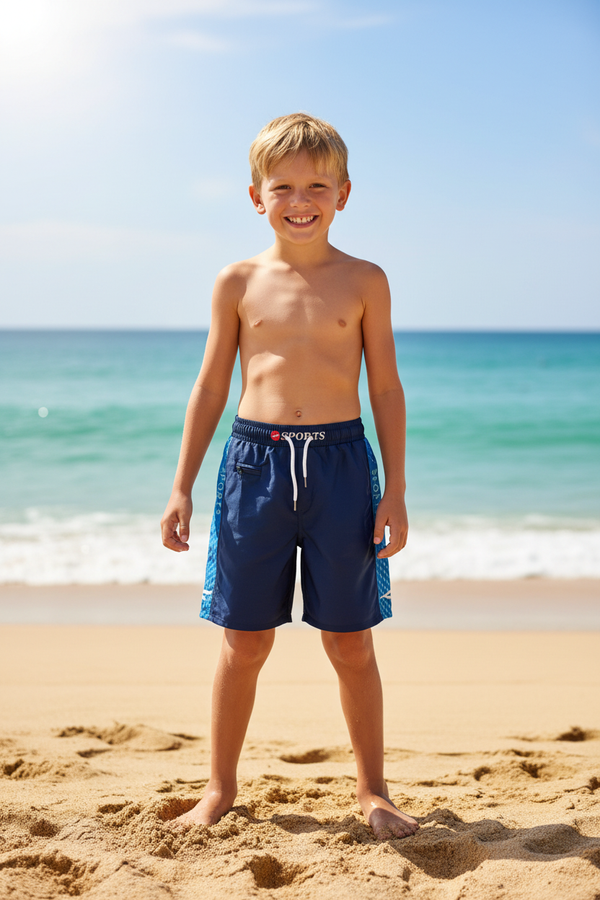Boy on beach wearing Konexpro navy blue sports swim shorts