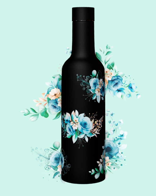 Blue Floret - 500ml Black Insulated Bottle