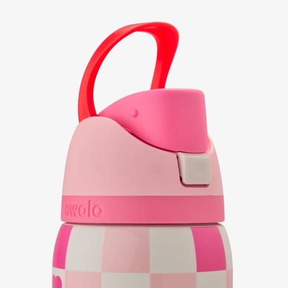Owala FreeSip Checker Hearts - lid closed with red carry loop