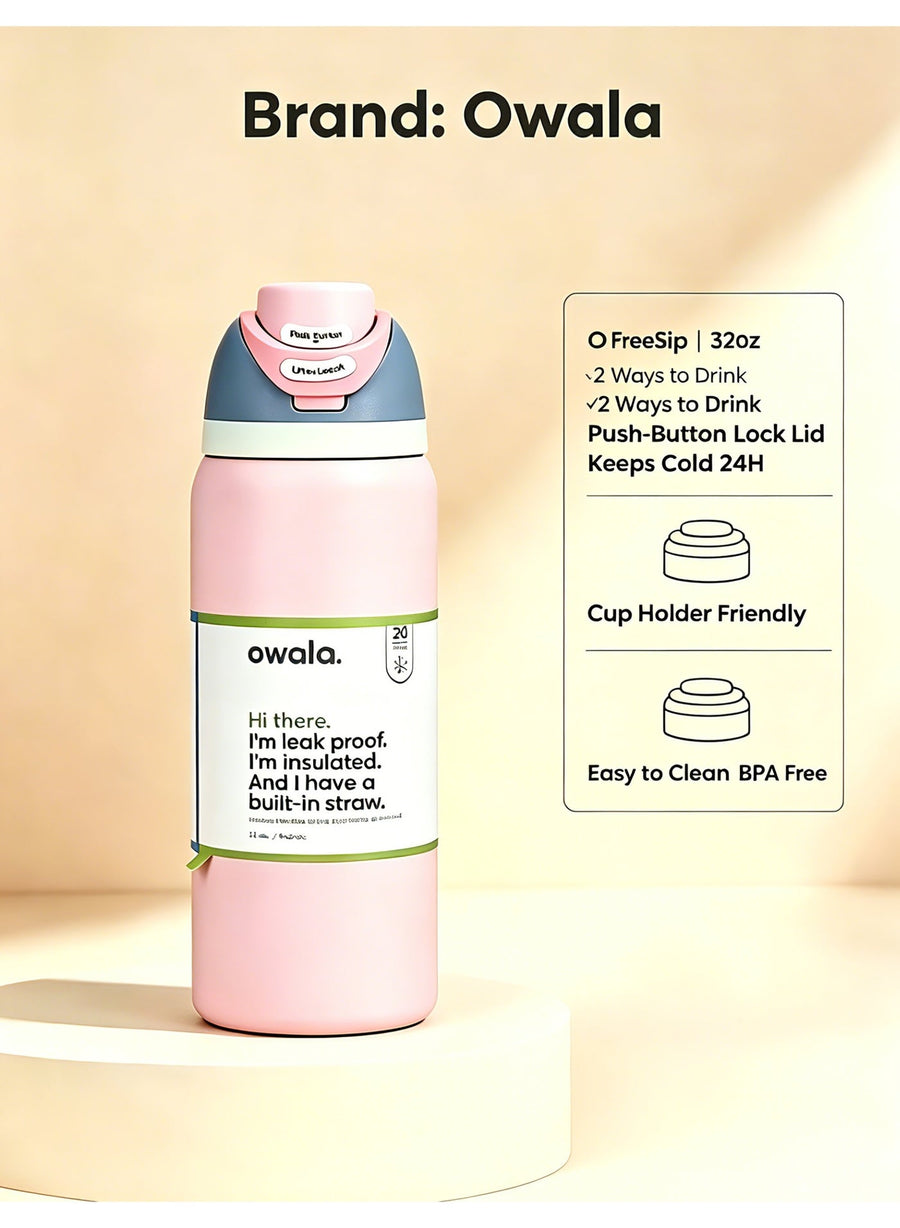 Owala FreeSip 32oz pink - brand features infographic