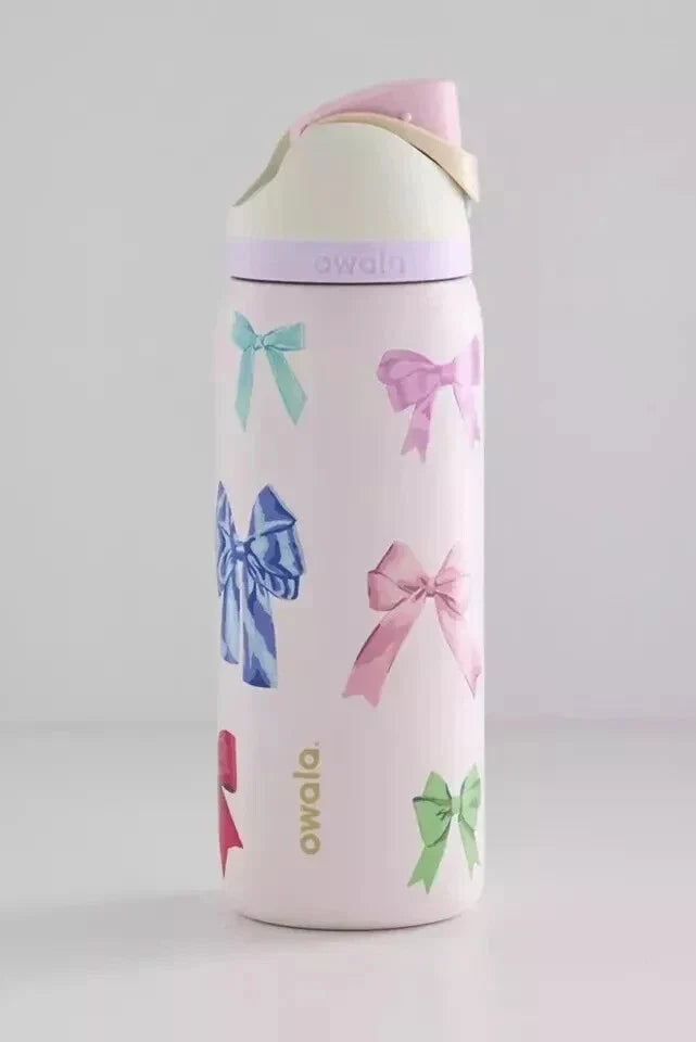Owala FreeSip 32oz Bows Edition - full bottle front view grey background