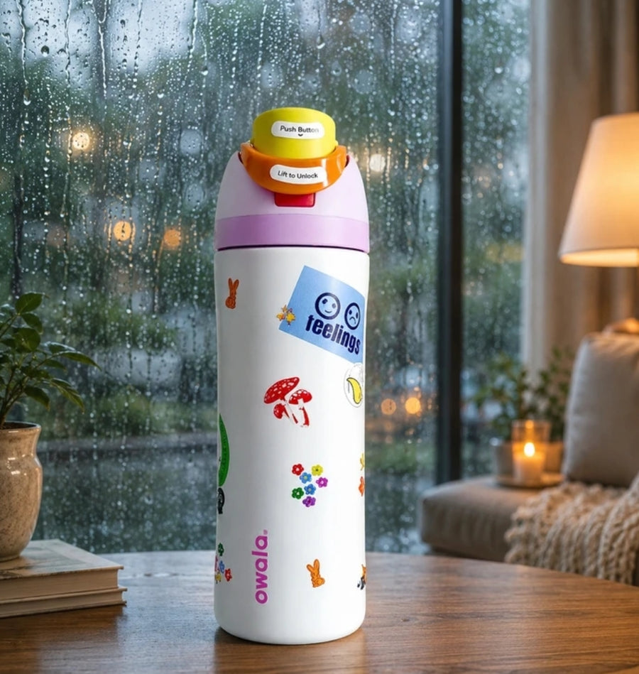 Owala FreeSip Sticker Edition - side view with Urban Outfitters sticker