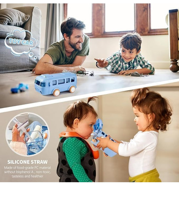 Bus shaped kids water bottle with toy car - lifestyle