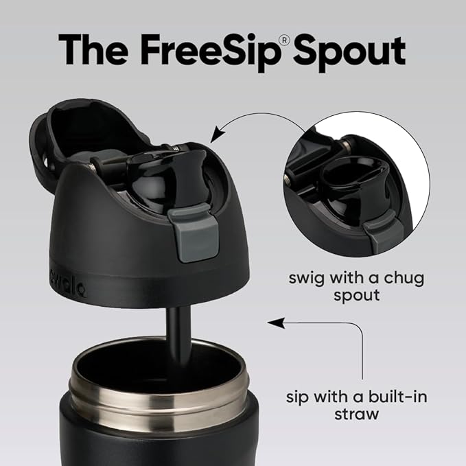 Owala FreeSip black - FreeSip spout open showing straw and chug spout