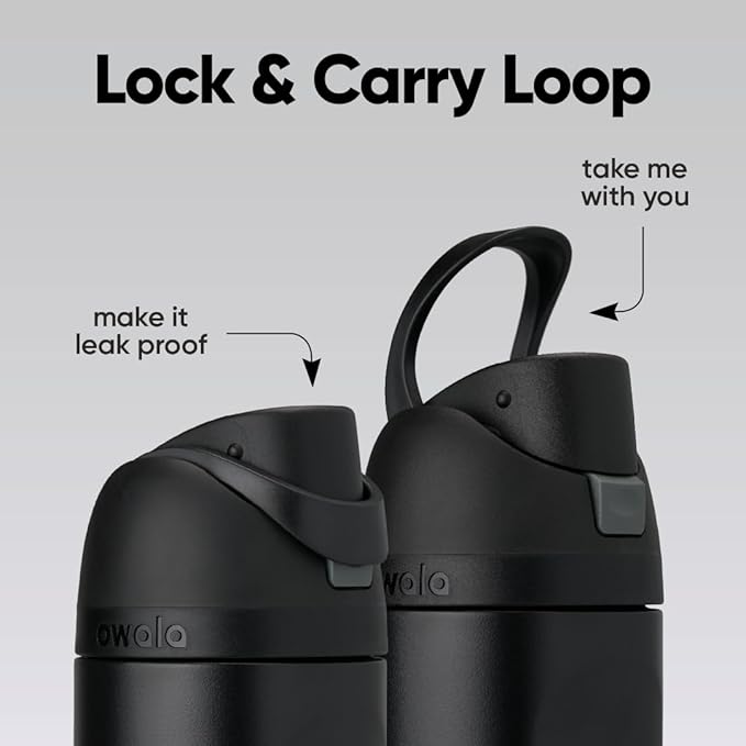 Owala FreeSip black - lock and carry loop infographic