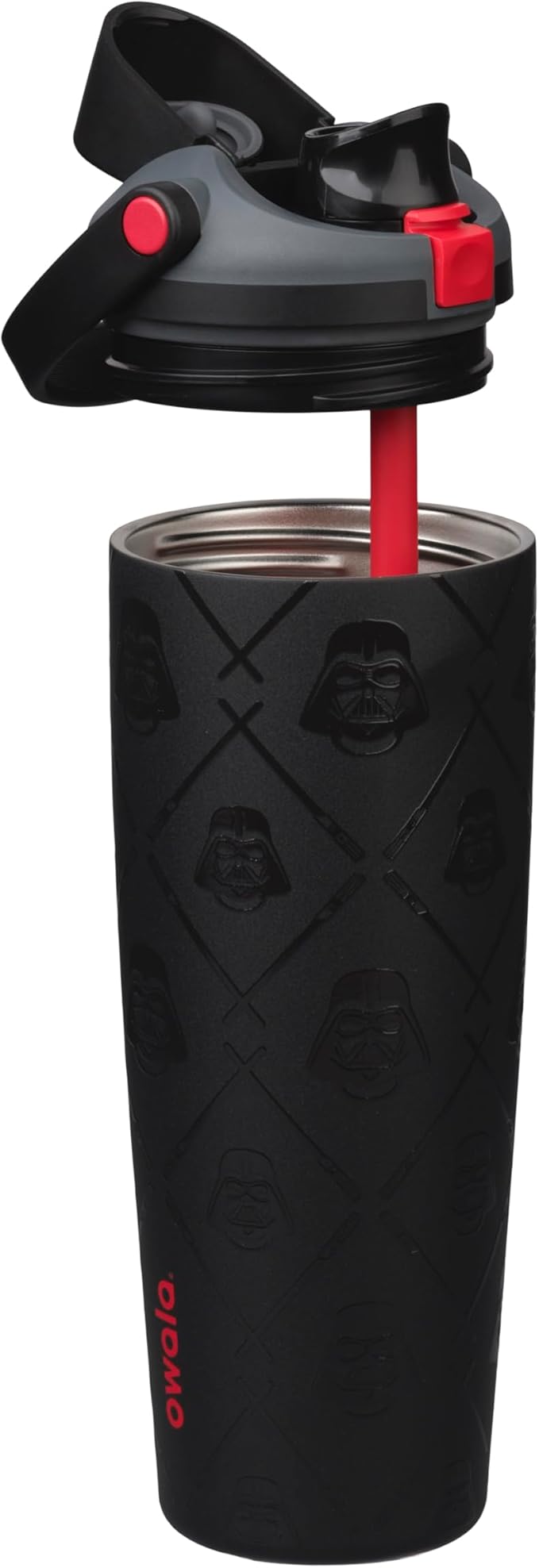 Owala FreeSip Darth Vader Edition - full bottle front view with red straw extended