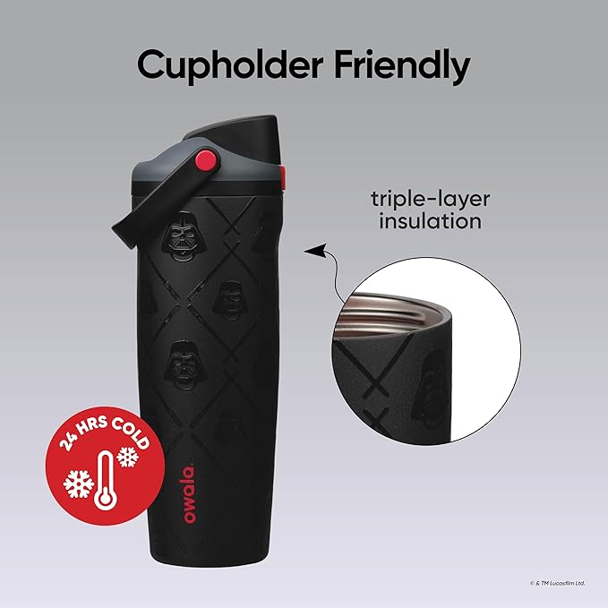 Owala FreeSip Darth Vader - cupholder friendly triple layer insulation infographic