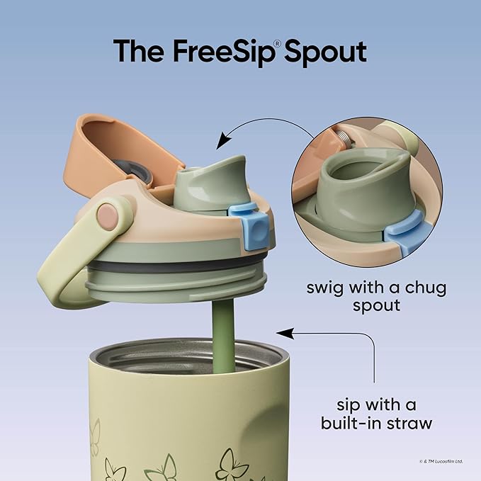 Owala FreeSip Grogu - FreeSip spout chug spout and built-in straw infographic