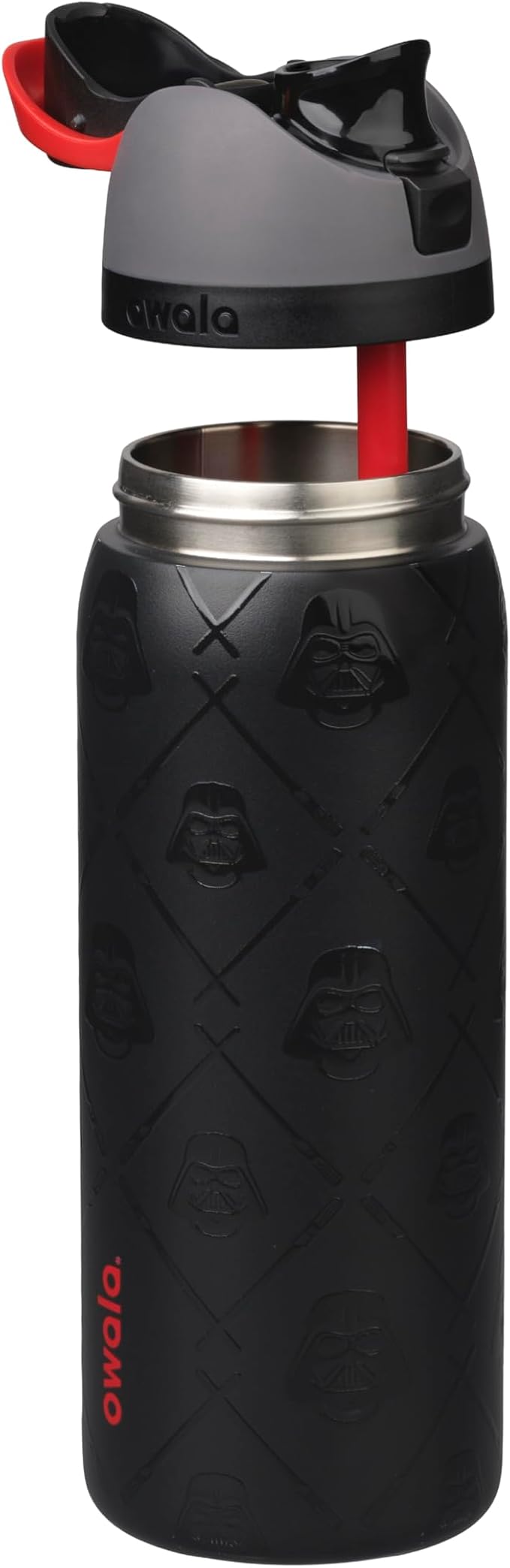 Owala FreeSip Darth Vader - lid open with red straw extended full bottle view