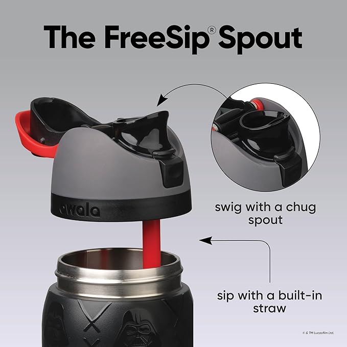 Owala FreeSip Darth Vader - FreeSip spout chug spout and built-in red straw infographic
