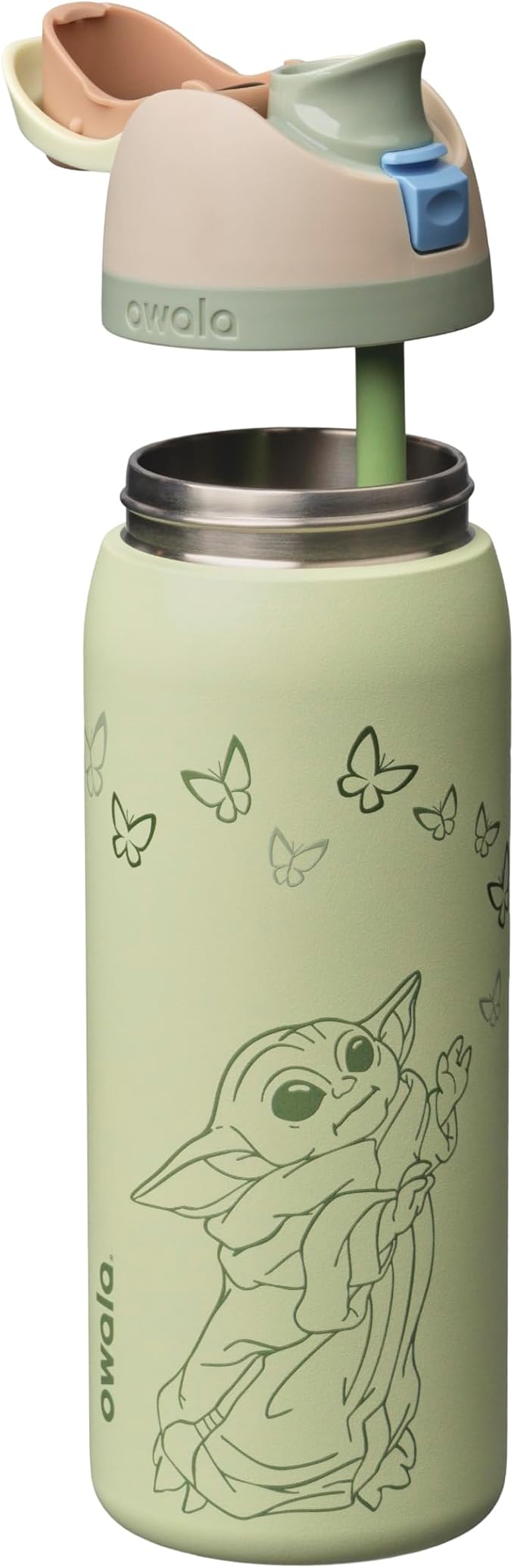 Owala FreeSip Grogu 24oz - lid open with green straw extended full bottle view