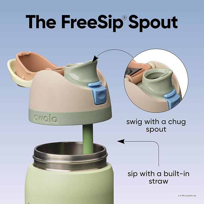 Owala FreeSip Grogu 24oz - FreeSip spout chug spout and built-in straw infographic