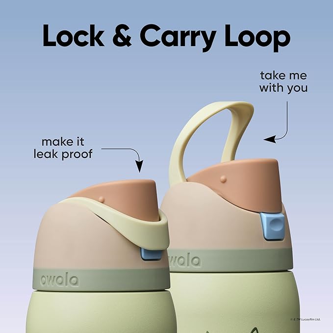 Owala FreeSip Grogu - Lock and Carry Loop infographic sage green