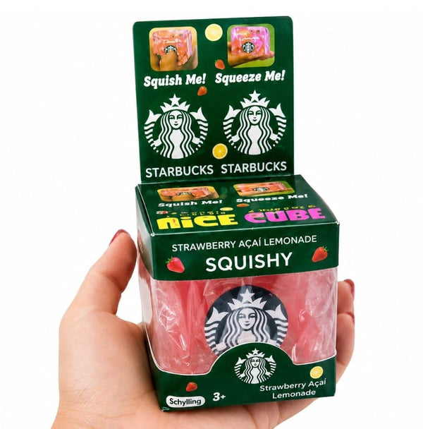 Starbucks Strawberry Açaí Lemonade Squishy Cube held in hand - Squish Me Squeeze Me