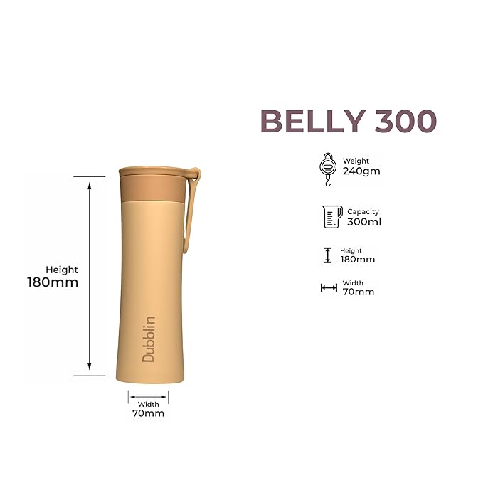Dubblin Belly Water Bottle 300 ml| Double Wall Vacuum Insulated Stainless Steel Bottle | Keeps Water Hot & Cold
