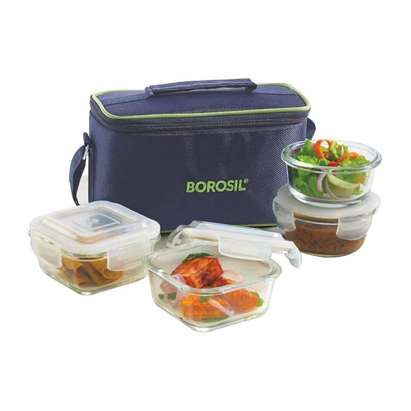 Borosil Microwavable Universal Glass Lunch Box Set of 4 with Lunch Bag