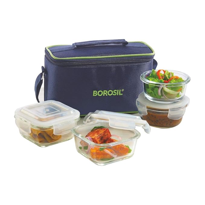Borosil Microwavable Universal Glass Lunch Box Set of 4 with Lunch Bag
