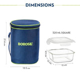 Borosil 320ml Microwavable Glass Lunch Box Set of 3 Square with Lunch Bag