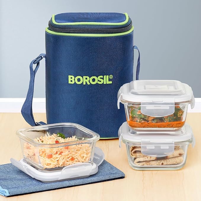 Borosil 320ml Microwavable Glass Lunch Box Set of 3 Square with Lunch Bag
