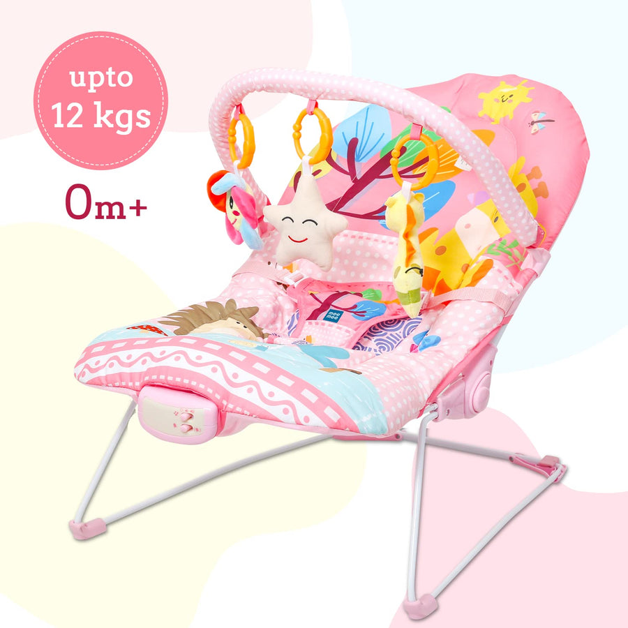 Mee Mee Baby Bouncer Cum Rocker Chair for Newborns to Toddlers, with Soothing Music and Vibration, Portable, Toy bar, (Compact, Pink)