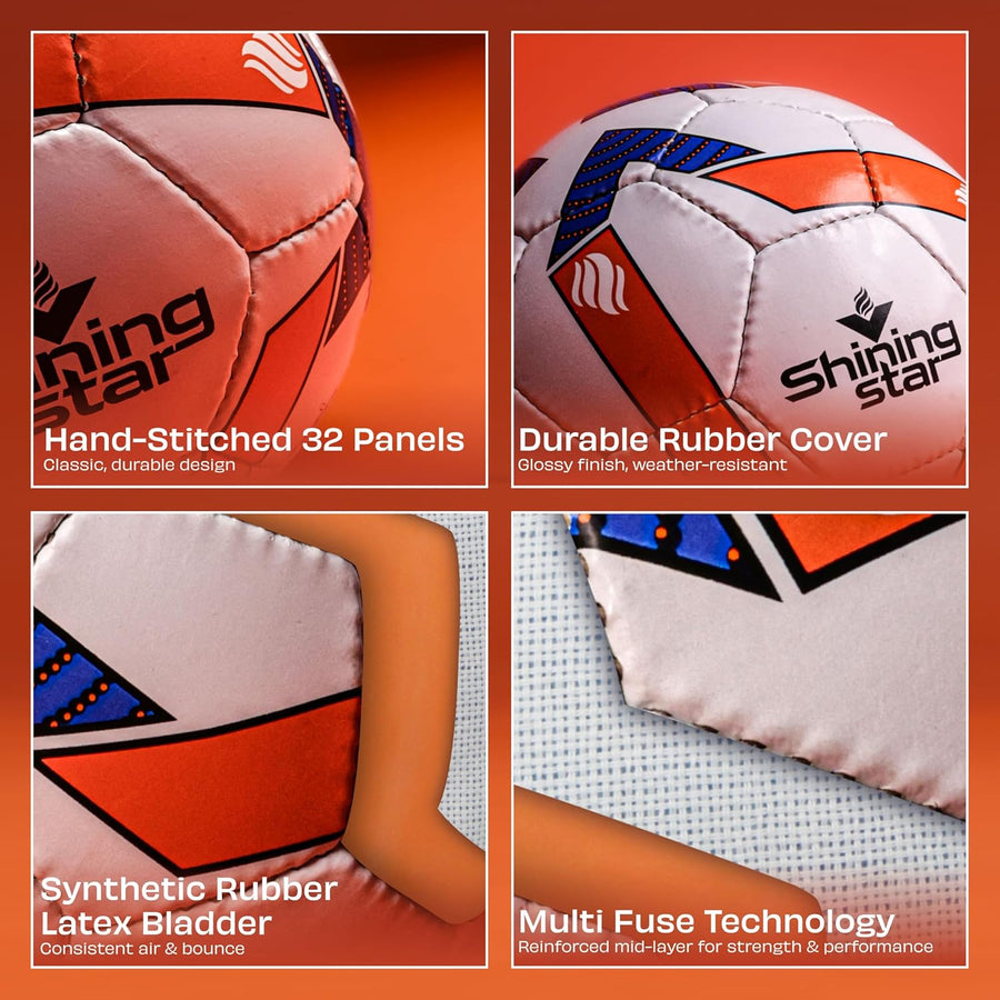 Nivia Shining Star Stitched Football – Size 5 | White-Orange-Blue | Made in India