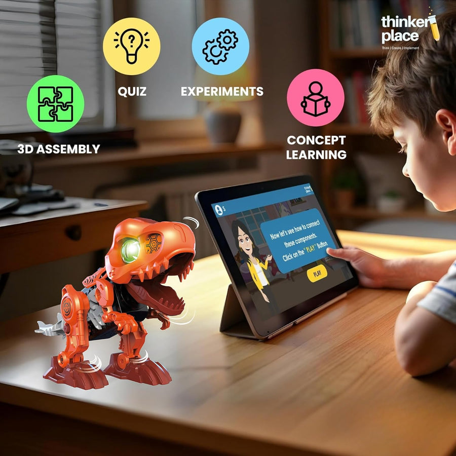 Thinker Place STEAM Learn About Gears - Build Your Own T-Rex Dinosaur Robot with LED Eyes, Sound & AR Experience for Kids 6+