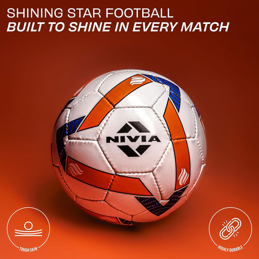 Nivia Shining Star Stitched Football – Size 5 | White-Orange-Blue | Made in India