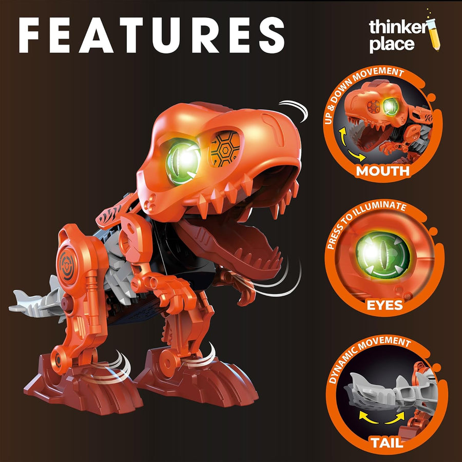Thinker Place STEAM Learn About Gears - Build Your Own T-Rex Dinosaur Robot with LED Eyes, Sound & AR Experience for Kids 6+