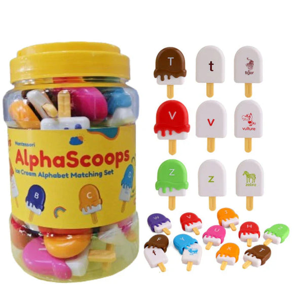 AlphaScoops – Montessori Ice Cream Alphabet Matching Game | 52 Pcs, 26 Letters & Words