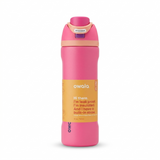 Pink water bottle with yellow label on a white background