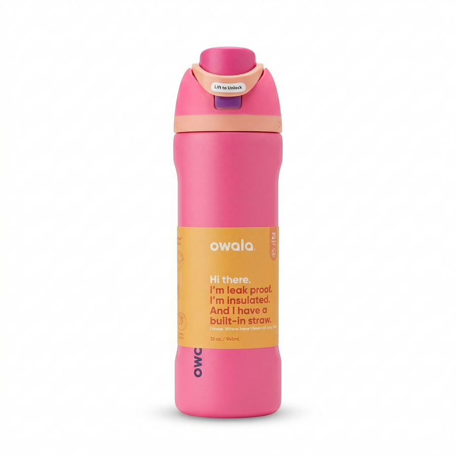 Pink water bottle with yellow label on a white background