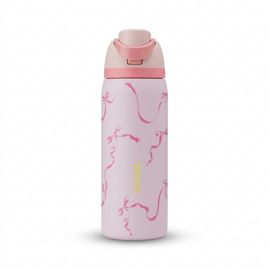 Pink water bottle with pink lid on a white background