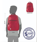 Red backpack with size measurement, capacity details, and a 5-year warranty badge on a white background.