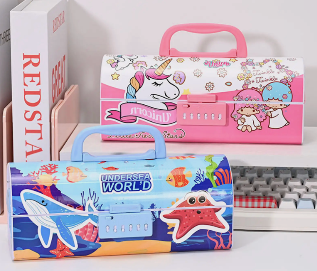 DiMoris Unicorn Password Lock Pencil Box – Double Layer with Handle & Mirror