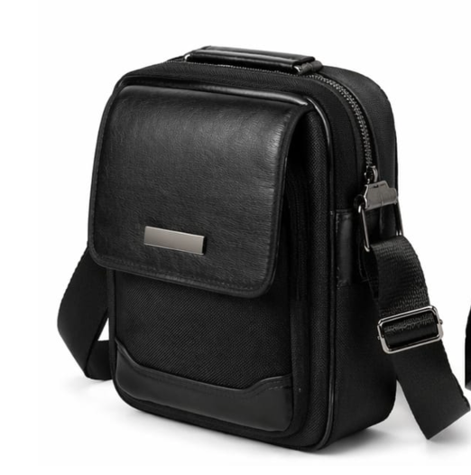 Men's Black Leather-Style Crossbody Messenger Bag