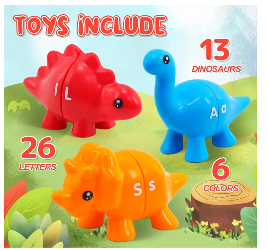 DinoWise Montessori Alphabet Explorer Set – 13 Dinosaurs, 26 Letters, 6 Colors