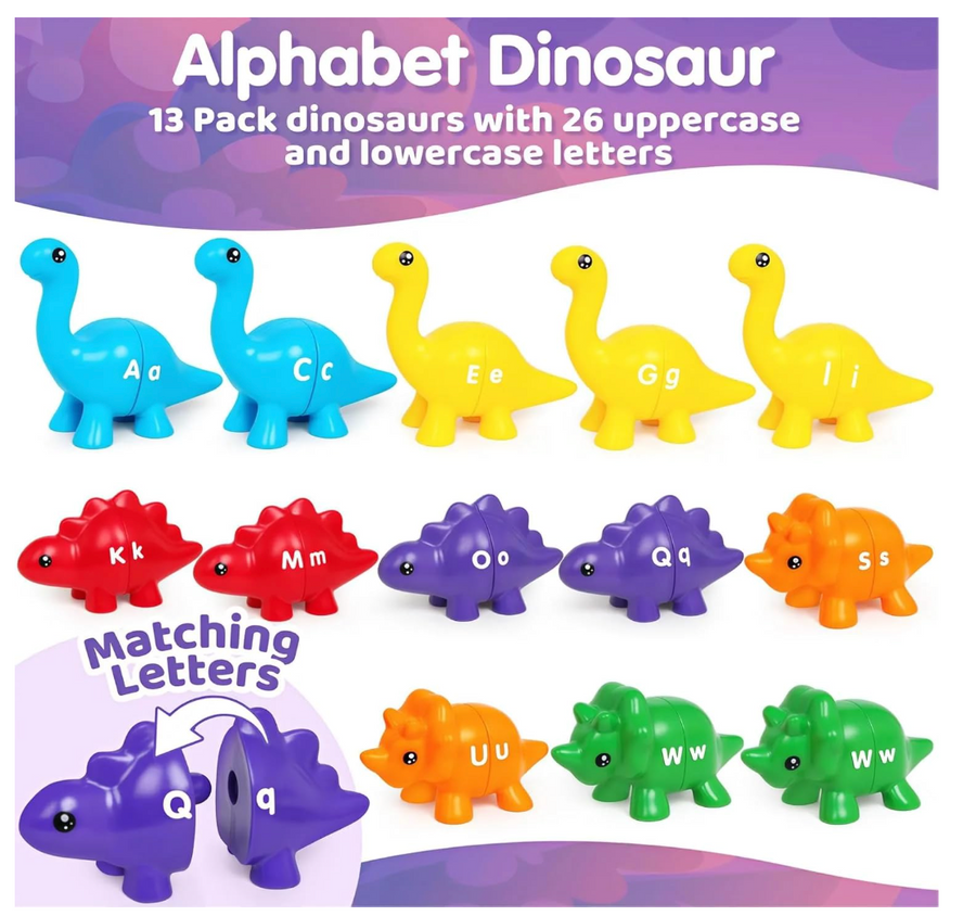 DinoWise Montessori Alphabet Explorer Set – 13 Dinosaurs, 26 Letters, 6 Colors