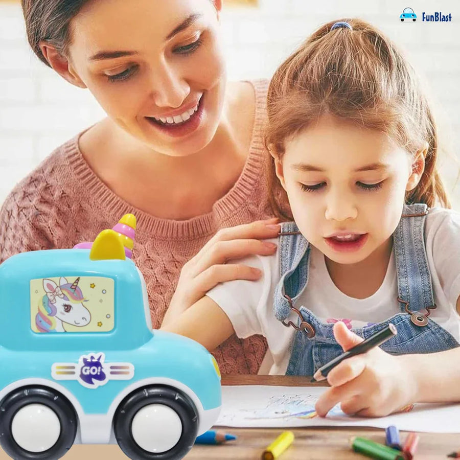 FunBlast Unicorn Car Pencil Sharpener – Manual Rotate, Alloy Spiral Hob | Kids Stationery