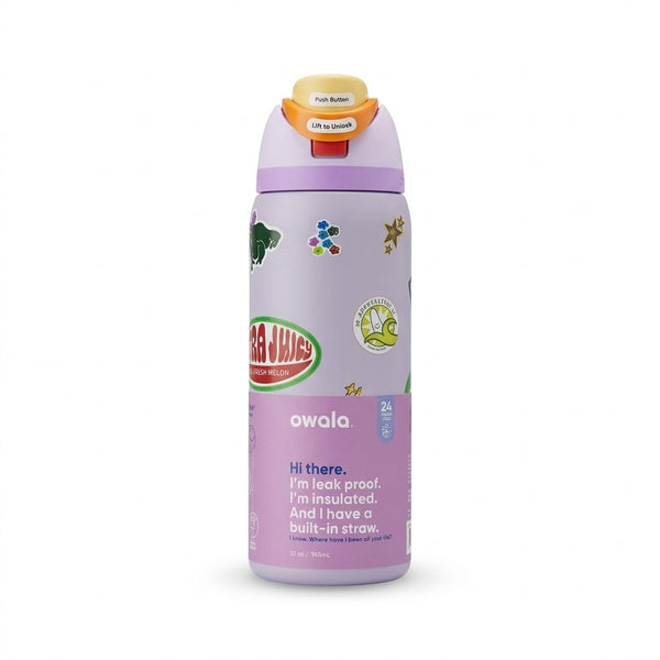 Purple insulated bottle with colorful design on a white background