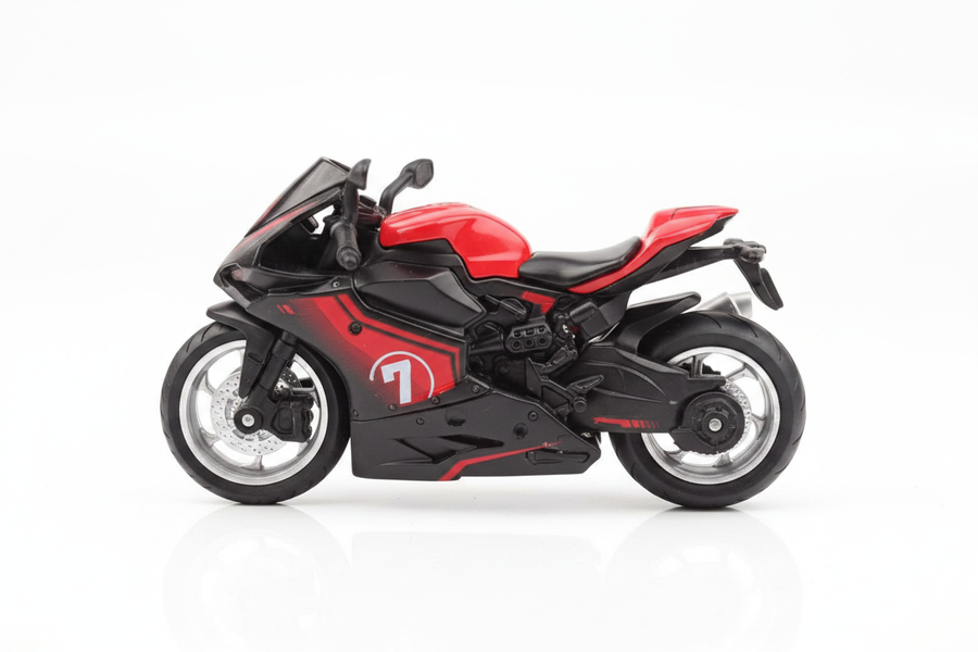 Die-cast motorcycle side view white background