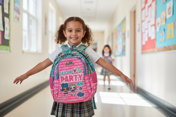 Girl wearing LOL Surprise school bag lifestyle photo