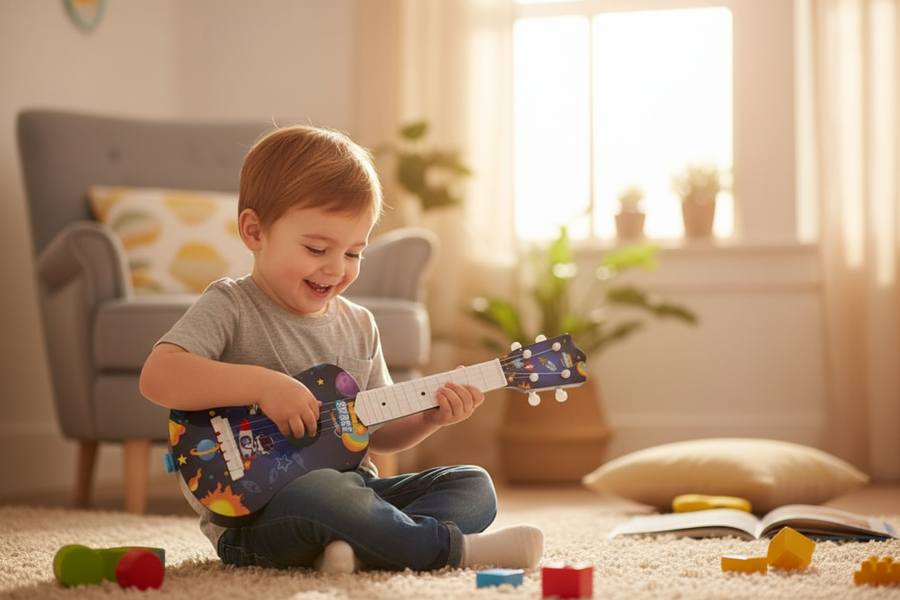 Little Rockstar Guitar - lifestyle shot with child playing