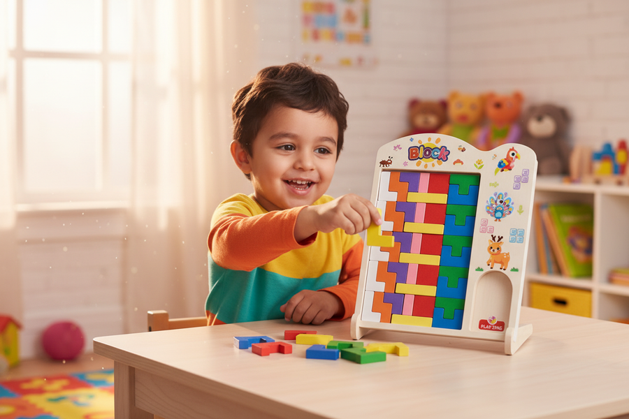 Child playing with Play Zing Wooden Tetris Game Junior